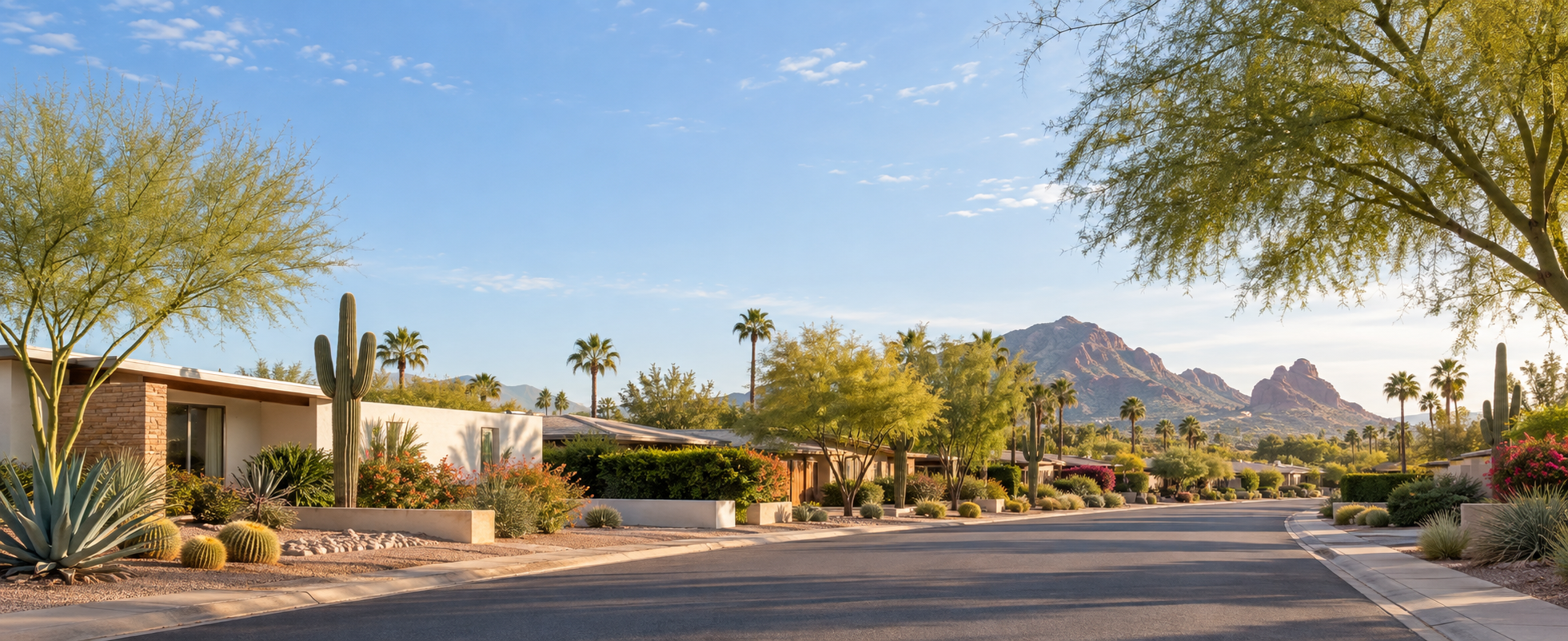 Arizona neighborhood street with desert landscaping and mountains in the distance